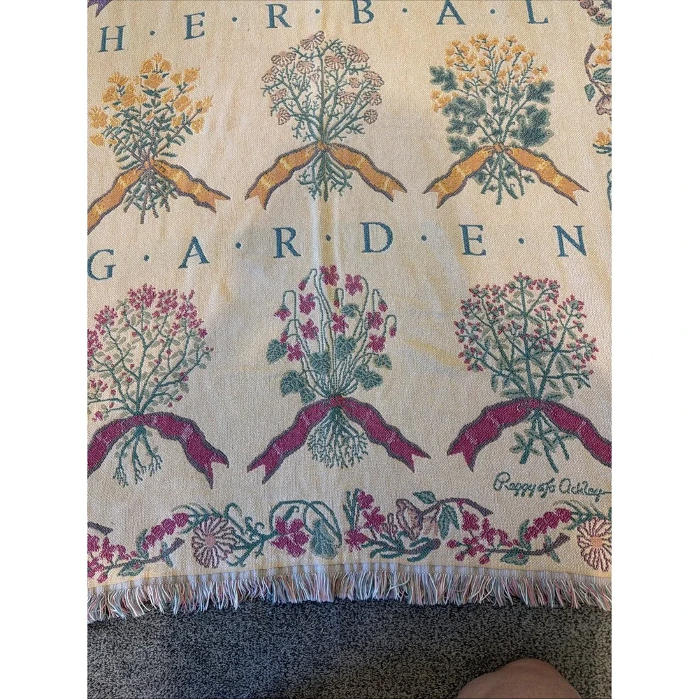 Goodwin Weavers Vintage 100% Cotton English Herbal Garden Tapestry Throw Blanket